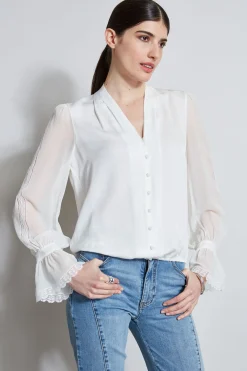 Elie Tahari Embroidered Sleeve Blouson Shirt- Tops & Sweaters