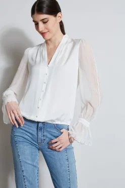 Elie Tahari Embroidered Sleeve Blouson Shirt- Tops & Sweaters