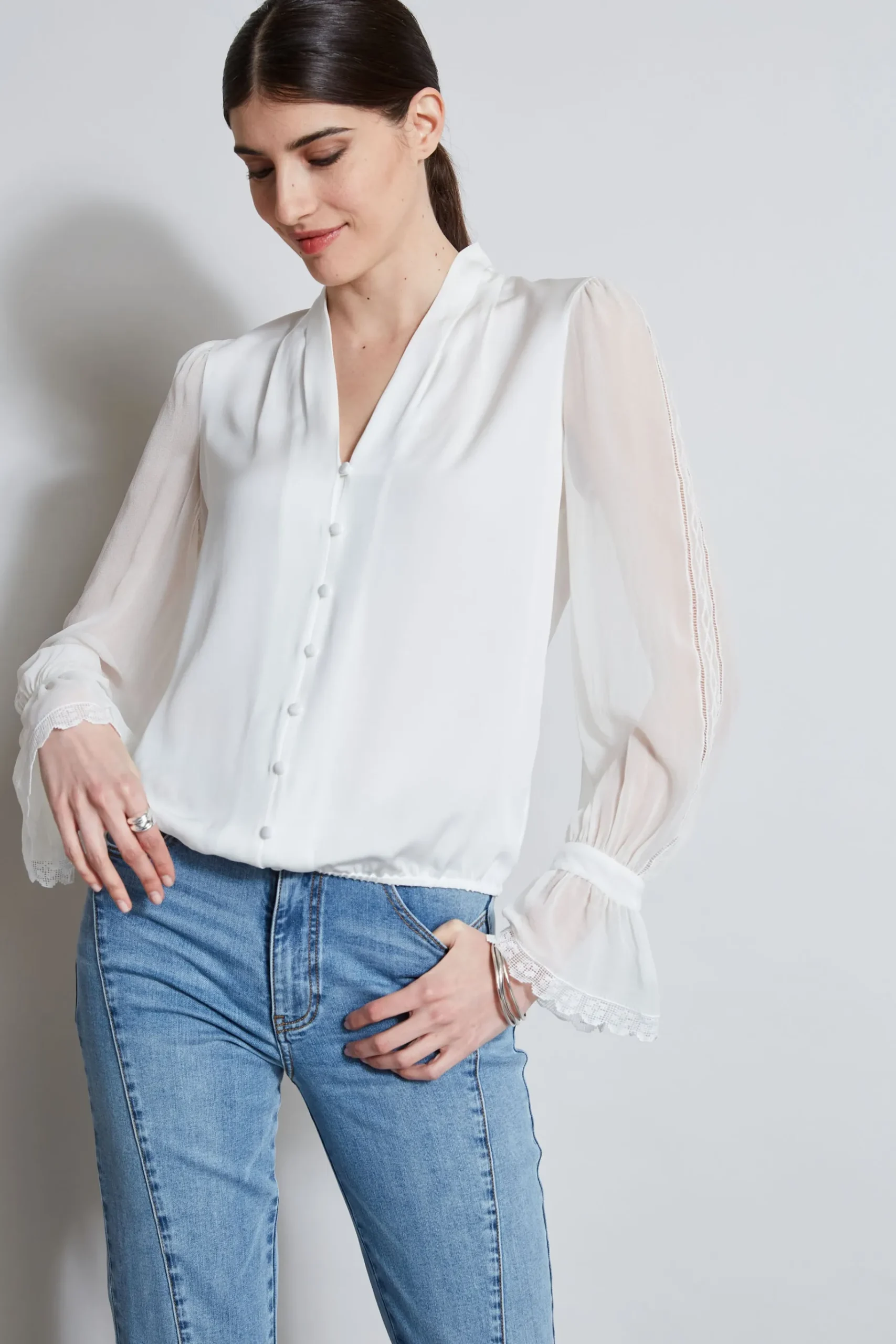 Elie Tahari Embroidered Sleeve Blouson Shirt- Tops & Sweaters