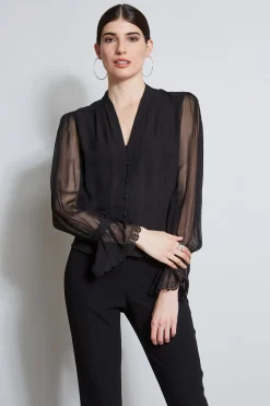 Elie Tahari Embroidered Sleeve Blouson Shirt- Tops & Sweaters