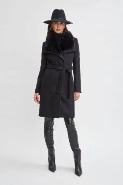 Elie Tahari Faux Fur Collar Wool Wrap Coat- Coats
