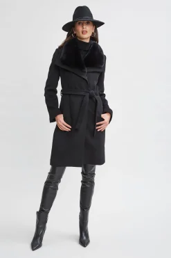 Elie Tahari Faux Fur Collar Wool Wrap Coat- Coats