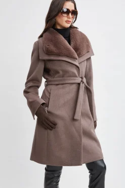 Elie Tahari Faux Fur Collar Wool Wrap Coat- Coats