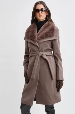 Elie Tahari Faux Fur Collar Wool Wrap Coat- Coats