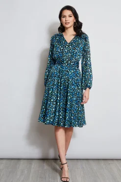 Elie Tahari Floral Long Sleeve Belted Dress- Dresses & Jumpsuits|Long Sleeve Dresses