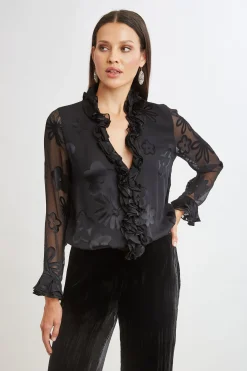 Elie Tahari Floral Satin Burnout Blouson Shirt- Tops & Sweaters