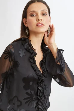Elie Tahari Floral Satin Burnout Blouson Shirt- Tops & Sweaters