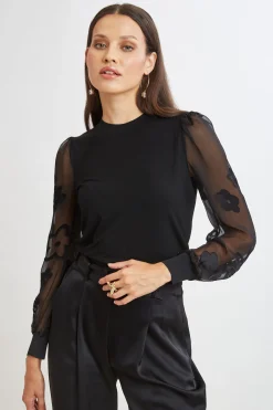 Elie Tahari Floral Satin Burnout Combo Knit- Tops & Sweaters