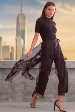 Elie Tahari Floral Satin Burnout Overlay Pant- Bottoms