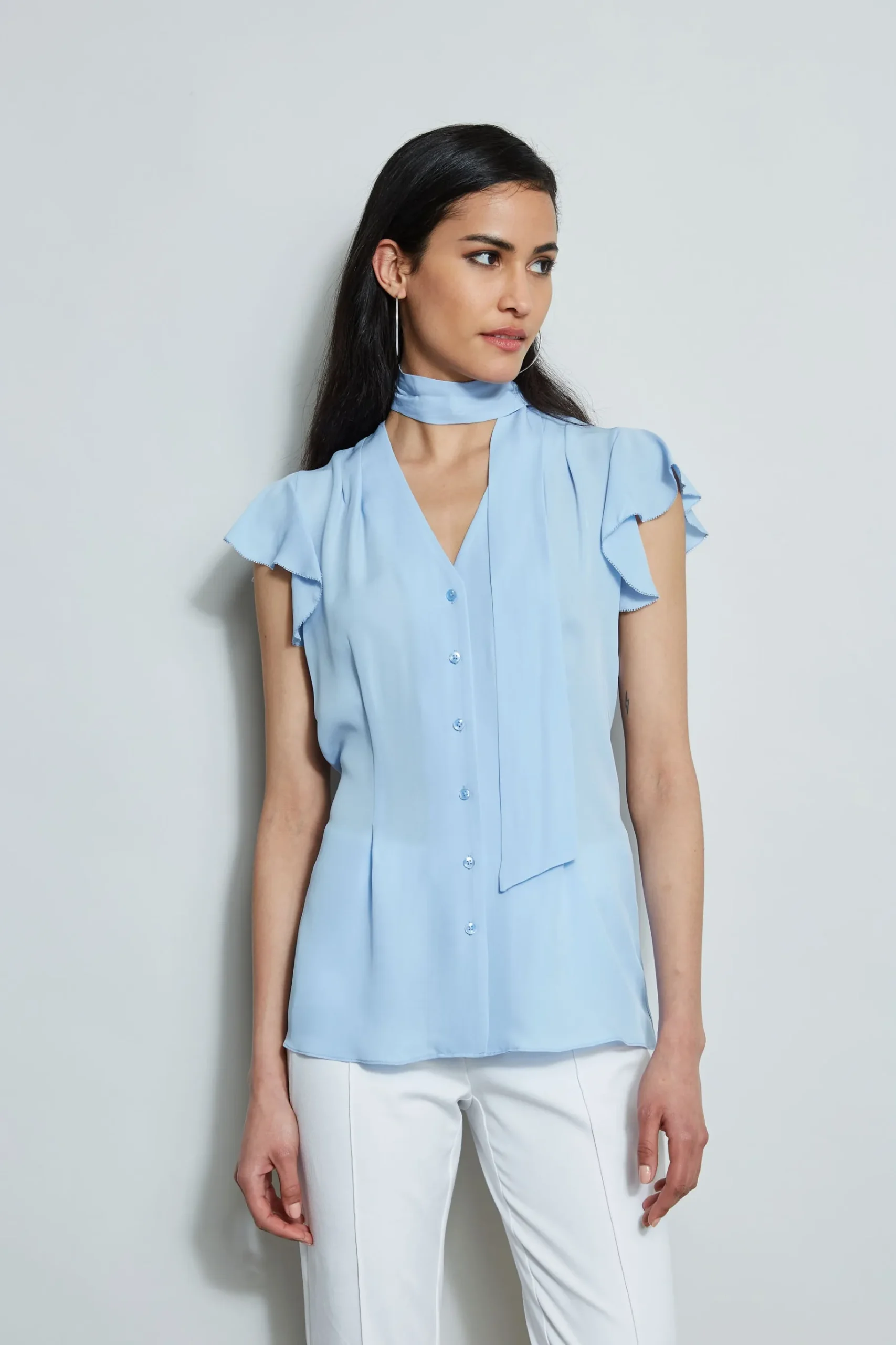 Elie Tahari Flutter Sleeve Tie Shirt- Tops & Sweaters