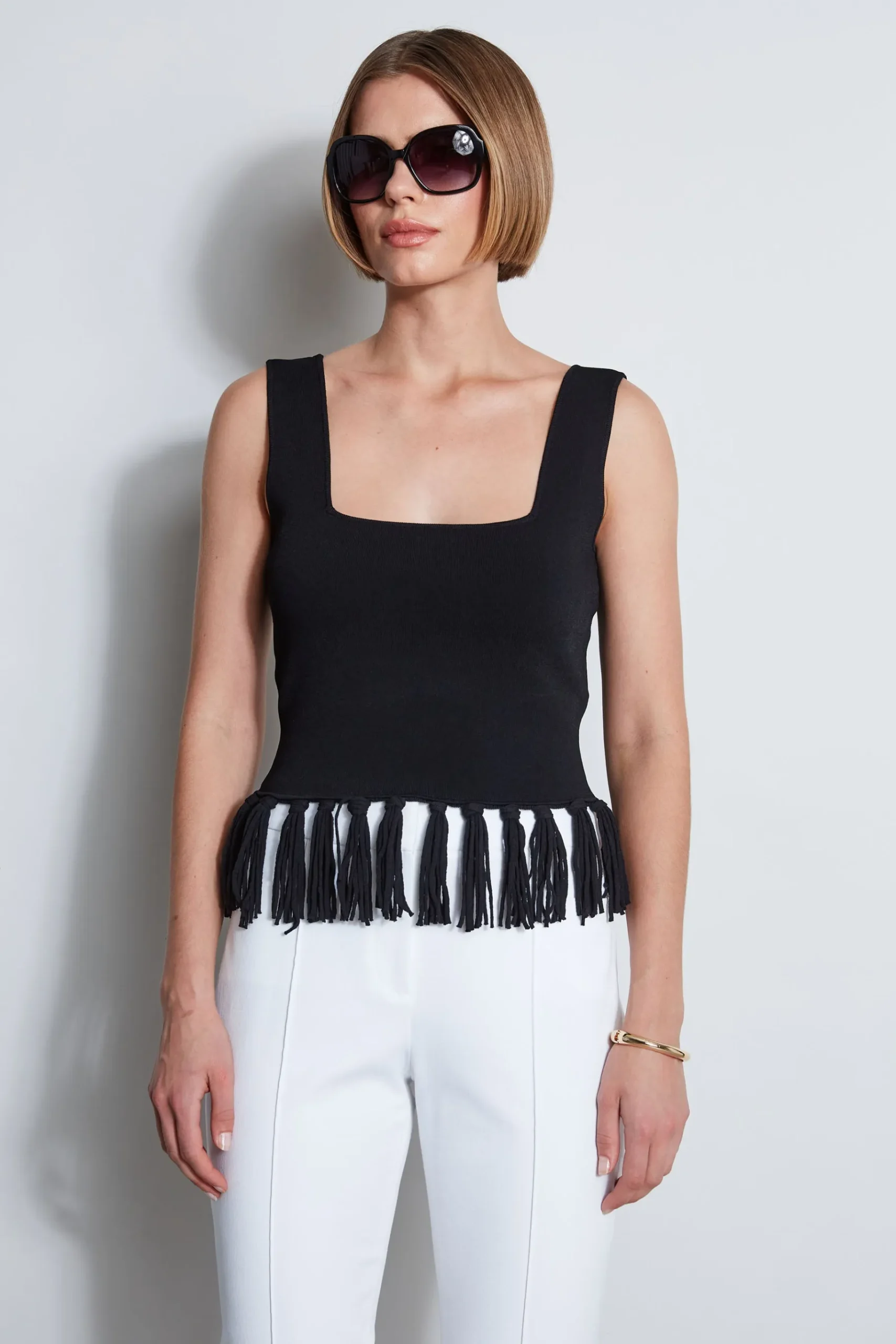 Elie Tahari Fringe Hem Knit Top- Tops & Sweaters