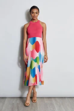 Elie Tahari Halter Pleated Print Midi Dress- Dresses & Jumpsuits|Midi Dresses