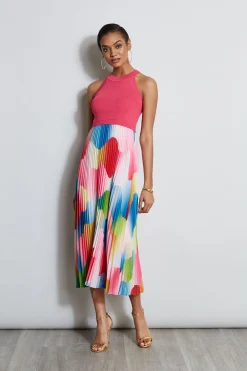 Elie Tahari Halter Pleated Print Midi Dress- Dresses & Jumpsuits|Midi Dresses