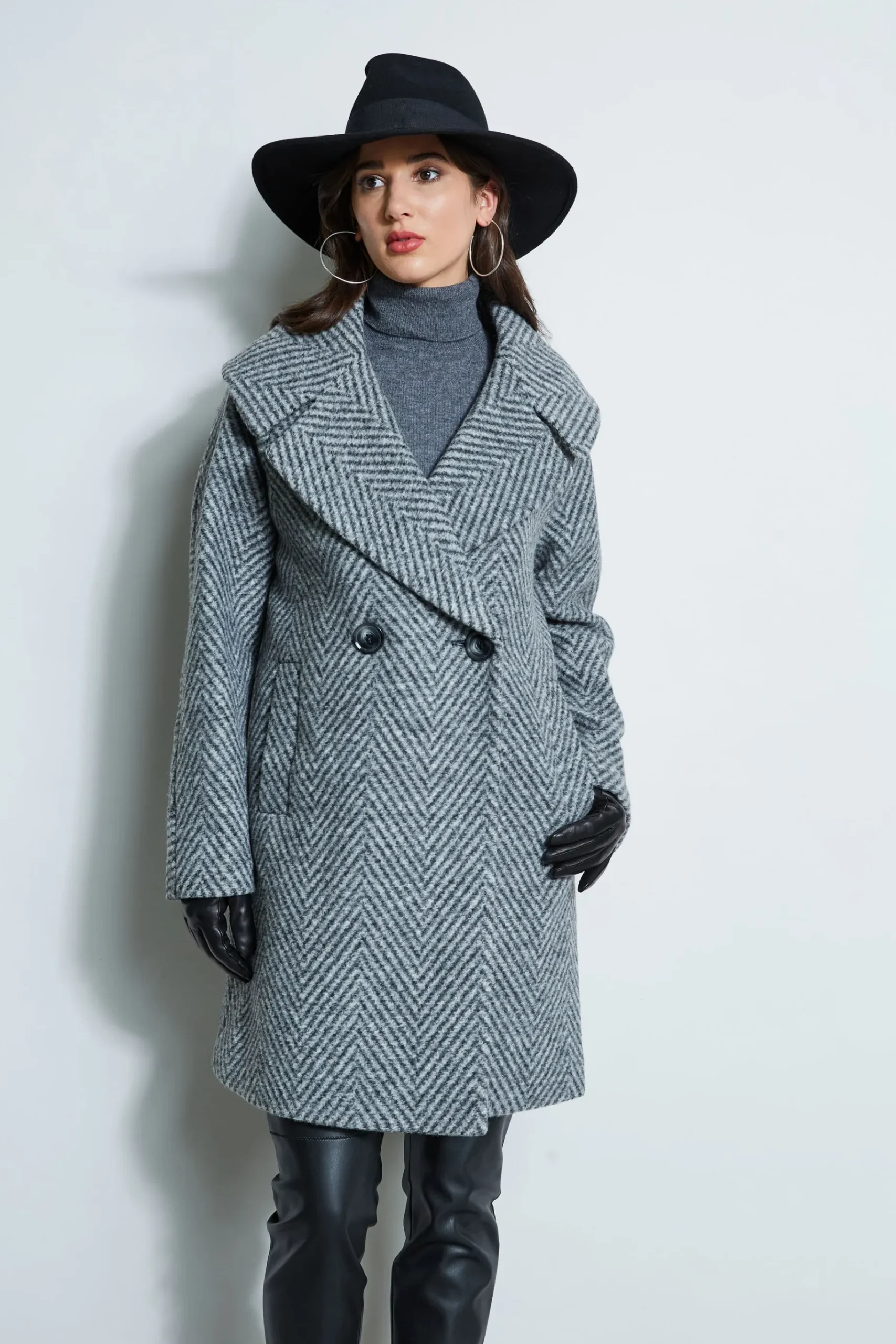 Elie Tahari Herringbone Brushed Double Breasted Coat- Coats