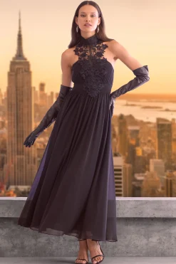 Elie Tahari Lace Applique Chiffon Halter Gown- Dresses & Jumpsuits|Sleeveless Dresses