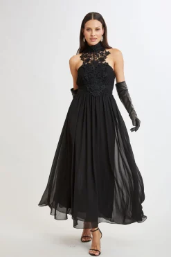 Elie Tahari Lace Applique Chiffon Halter Gown- Dresses & Jumpsuits|Sleeveless Dresses