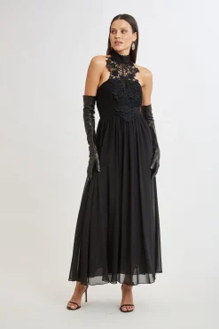 Elie Tahari Lace Applique Chiffon Halter Gown- Dresses & Jumpsuits|Sleeveless Dresses