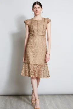Elie Tahari Lace Flutter Sleeve Dress- Dresses & Jumpsuits|Midi Dresses
