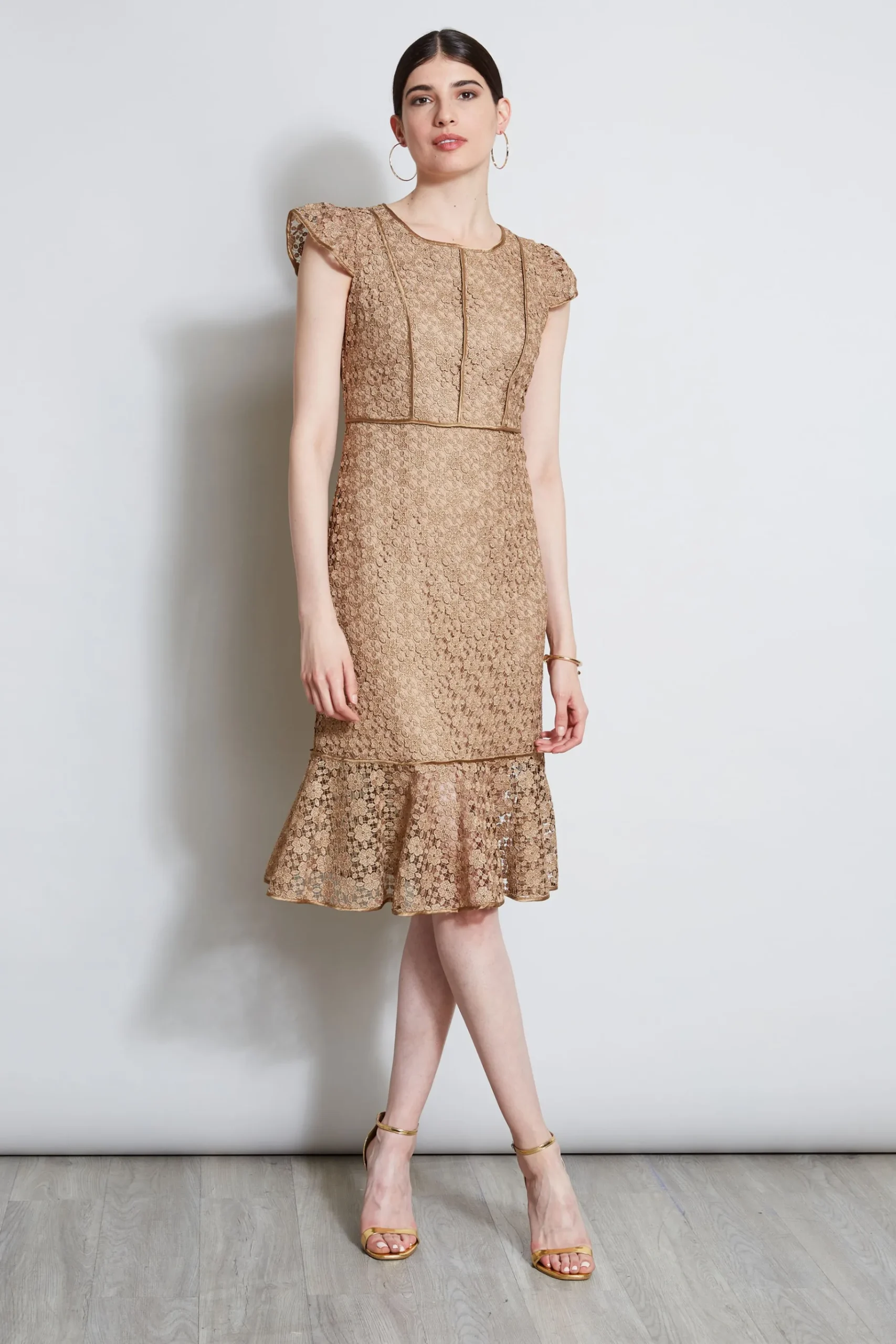 Elie Tahari Lace Flutter Sleeve Dress- Dresses & Jumpsuits|Midi Dresses