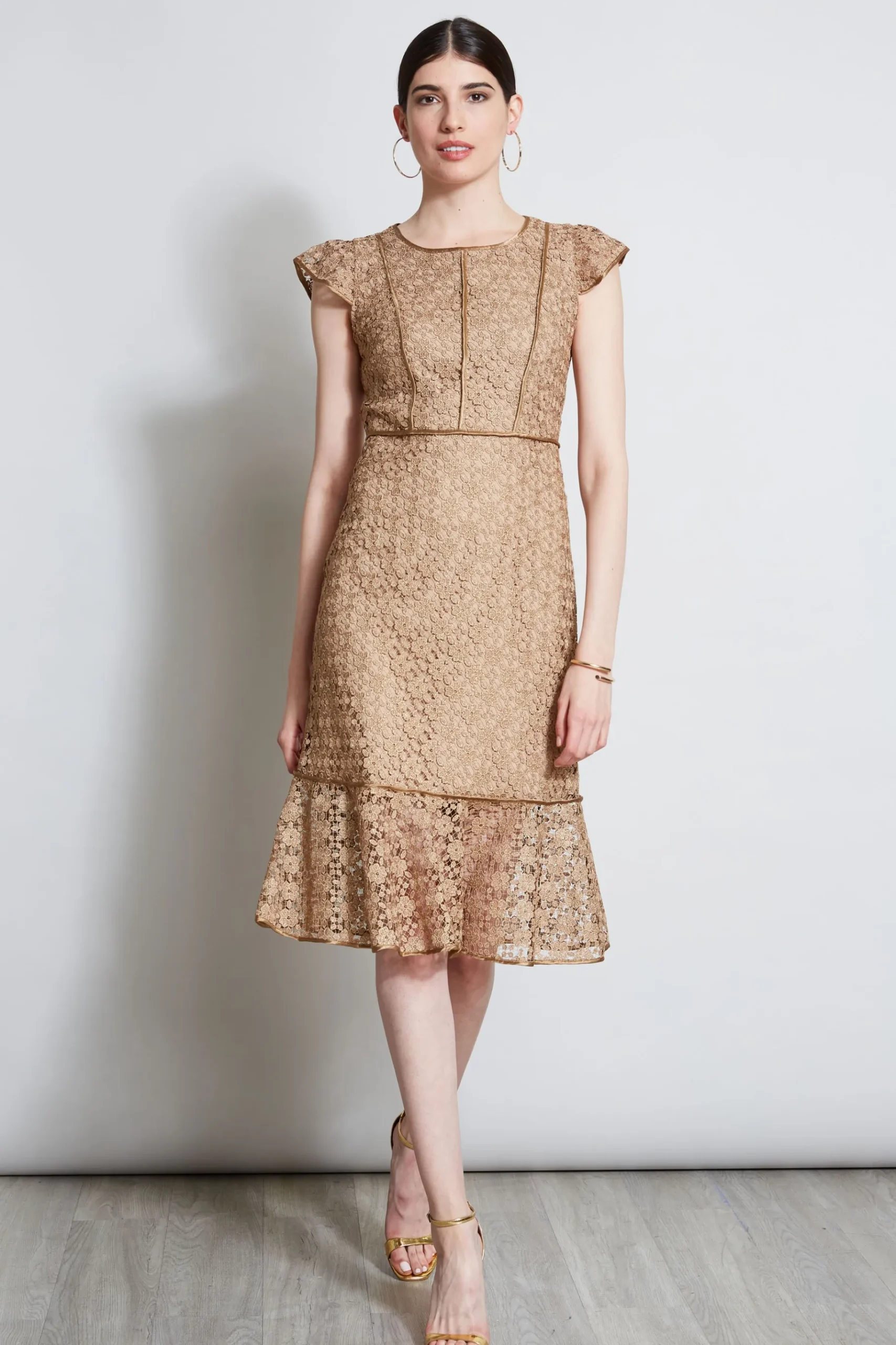Elie Tahari Lace Flutter Sleeve Dress- Dresses & Jumpsuits|Midi Dresses