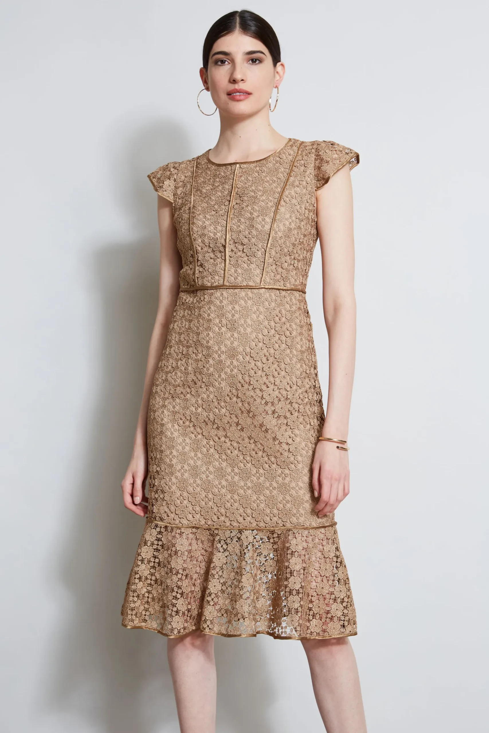 Elie Tahari Lace Flutter Sleeve Dress- Dresses & Jumpsuits|Midi Dresses
