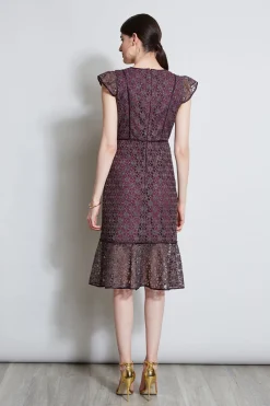 Elie Tahari Lace Flutter Sleeve Dress- Dresses & Jumpsuits|Midi Dresses