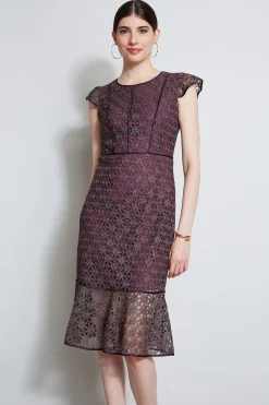 Elie Tahari Lace Flutter Sleeve Dress- Dresses & Jumpsuits|Midi Dresses