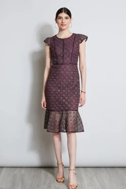 Elie Tahari Lace Flutter Sleeve Dress- Dresses & Jumpsuits|Midi Dresses