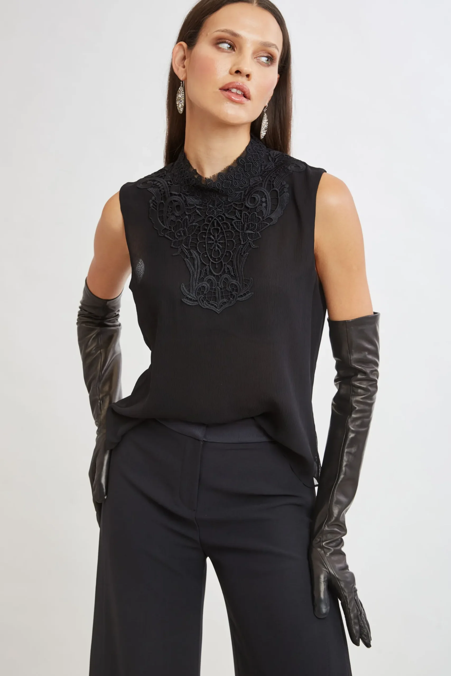 Elie Tahari Lace Insert Crinkle Silk Chiffon Shirt- Tops & Sweaters