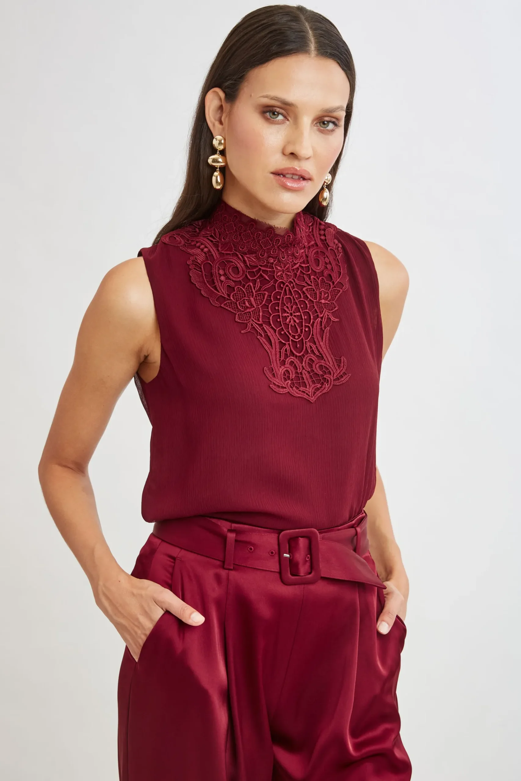 Elie Tahari Lace Insert Crinkle Silk Chiffon Shirt- Tops & Sweaters