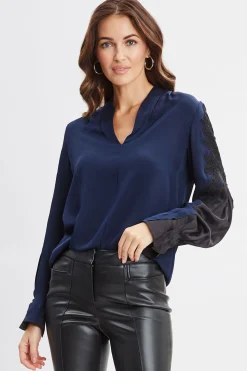 Elie Tahari Lace Sleeve Silk Shirt- Tops & Sweaters