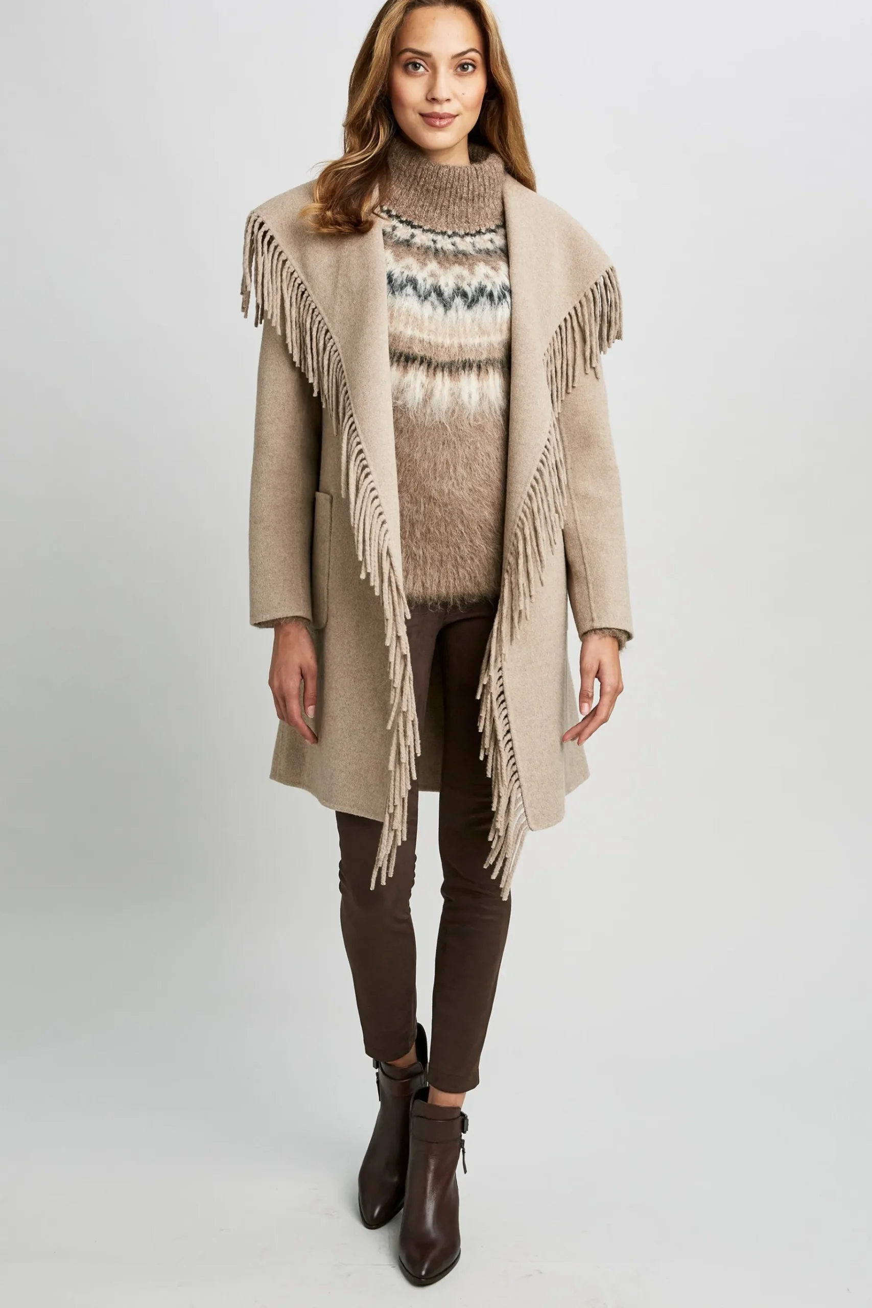 Elie Tahari Long Sleeve Fringe Detail Wrap Coat- Coats