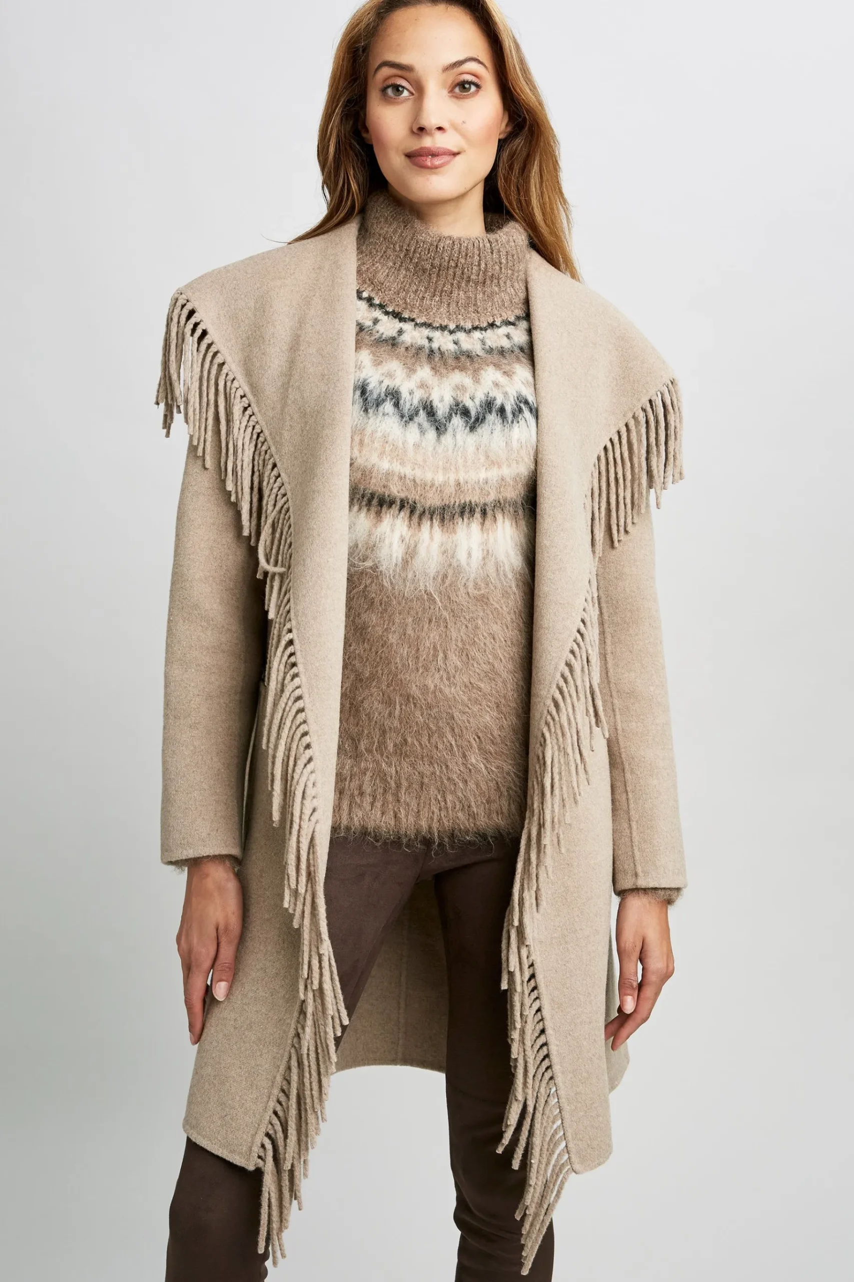 Elie Tahari Long Sleeve Fringe Detail Wrap Coat- Coats
