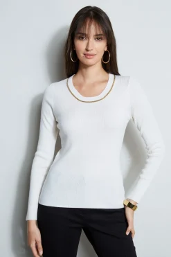 Elie Tahari Merino Rib Chain Detail Sweater- Tops & Sweaters