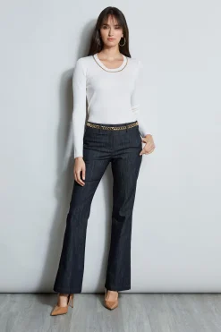 Elie Tahari Merino Rib Chain Detail Sweater- Tops & Sweaters