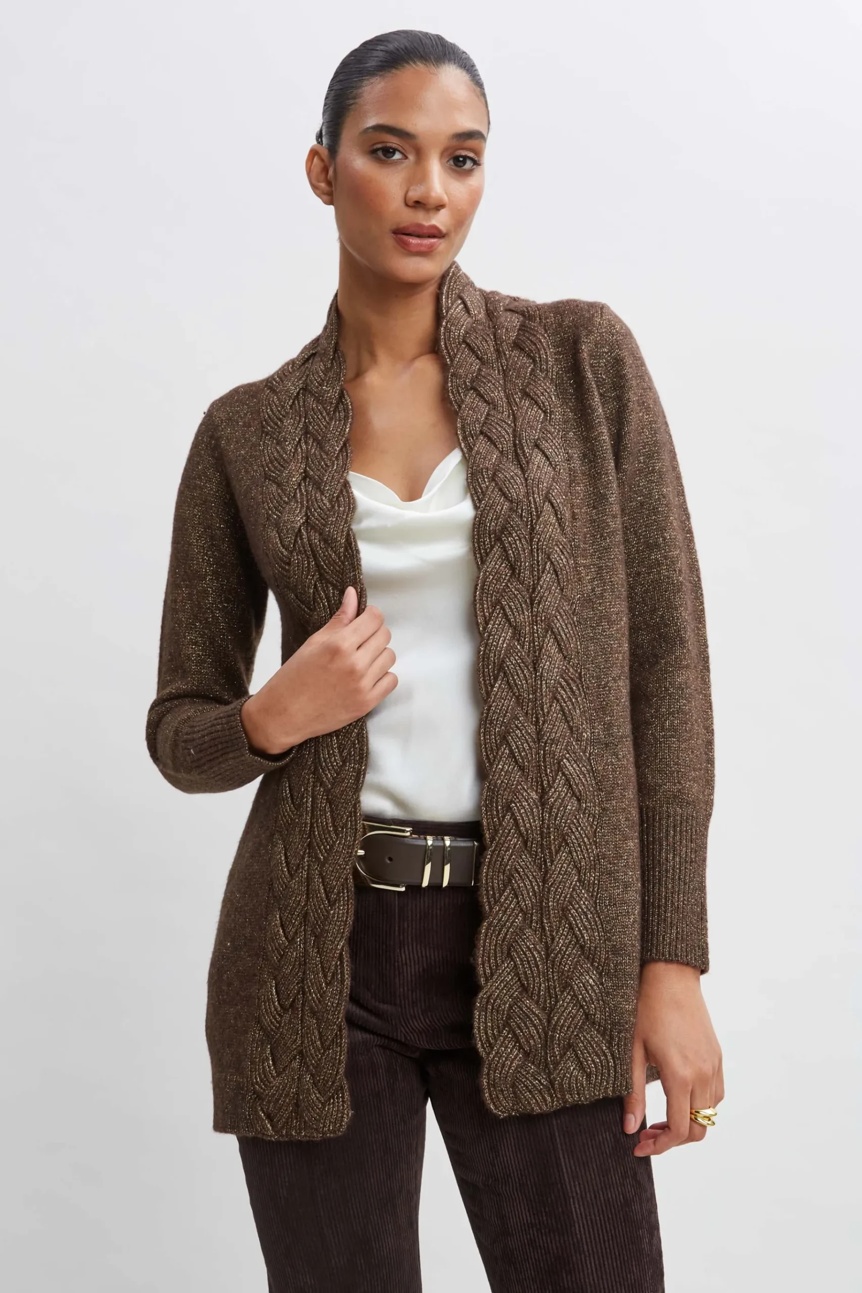 Elie Tahari Metallic Cable Cardigan- Tops & Sweaters