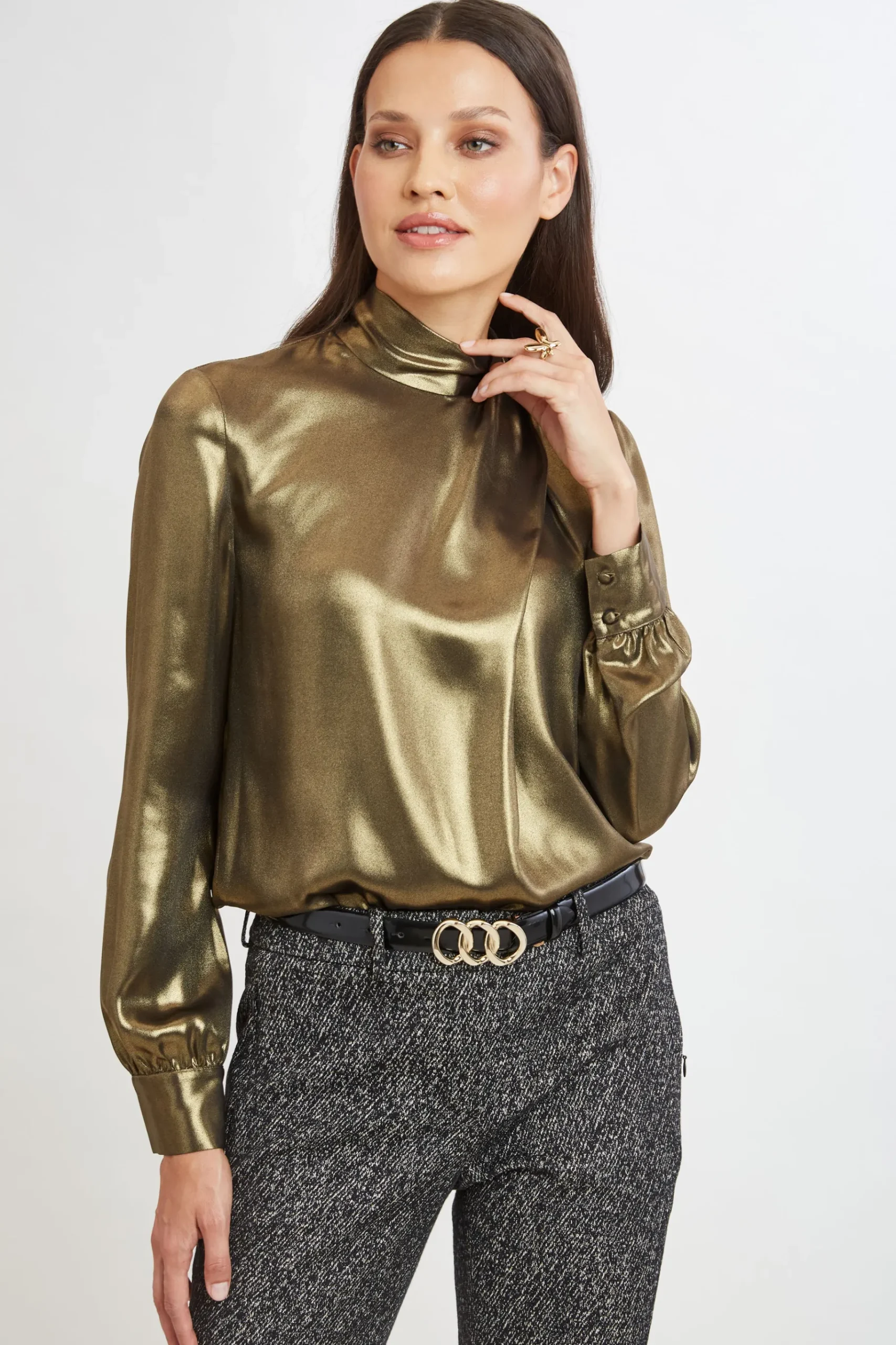 Elie Tahari Metallic Draped Neck Shirt- Tops & Sweaters
