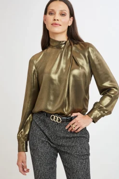 Elie Tahari Metallic Draped Neck Shirt- Tops & Sweaters
