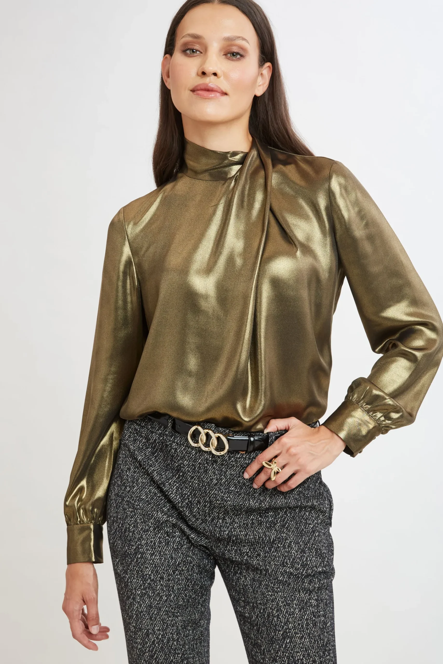 Elie Tahari Metallic Draped Neck Shirt- Tops & Sweaters