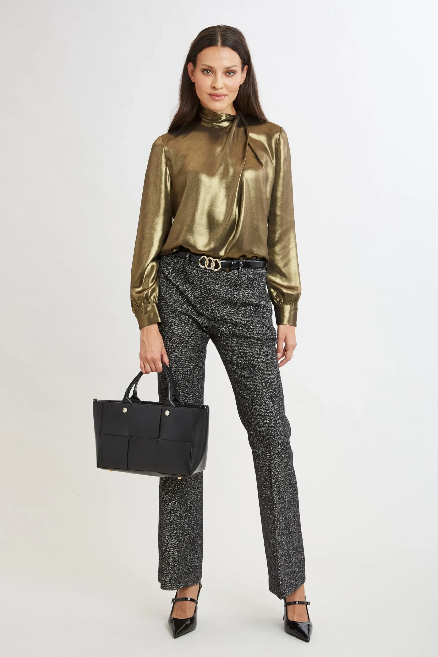 Elie Tahari Metallic Draped Neck Shirt- Tops & Sweaters