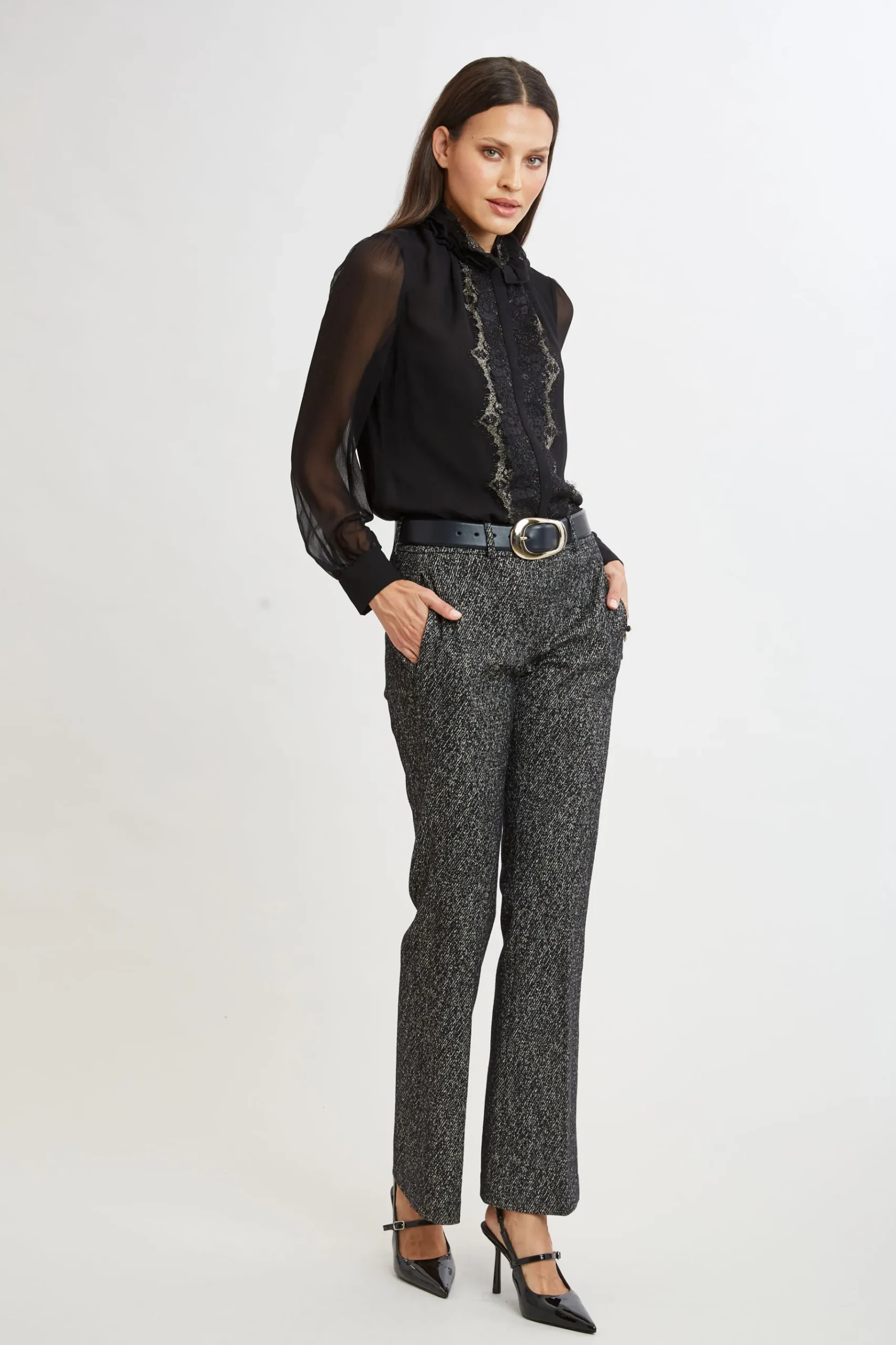 Elie Tahari Metallic Lace Trim Silk Shirt- Tops & Sweaters|Suiting