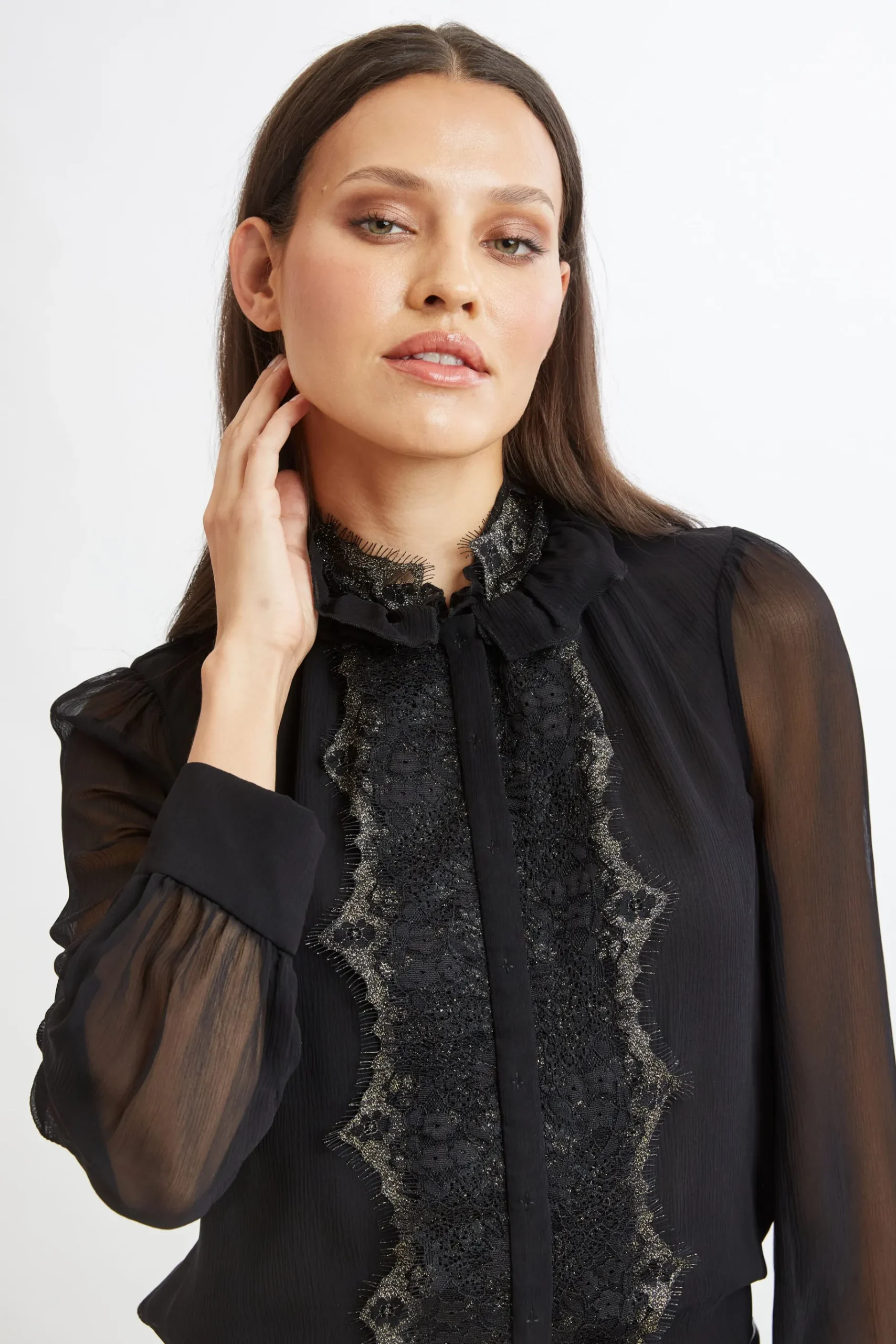 Elie Tahari Metallic Lace Trim Silk Shirt- Tops & Sweaters|Suiting