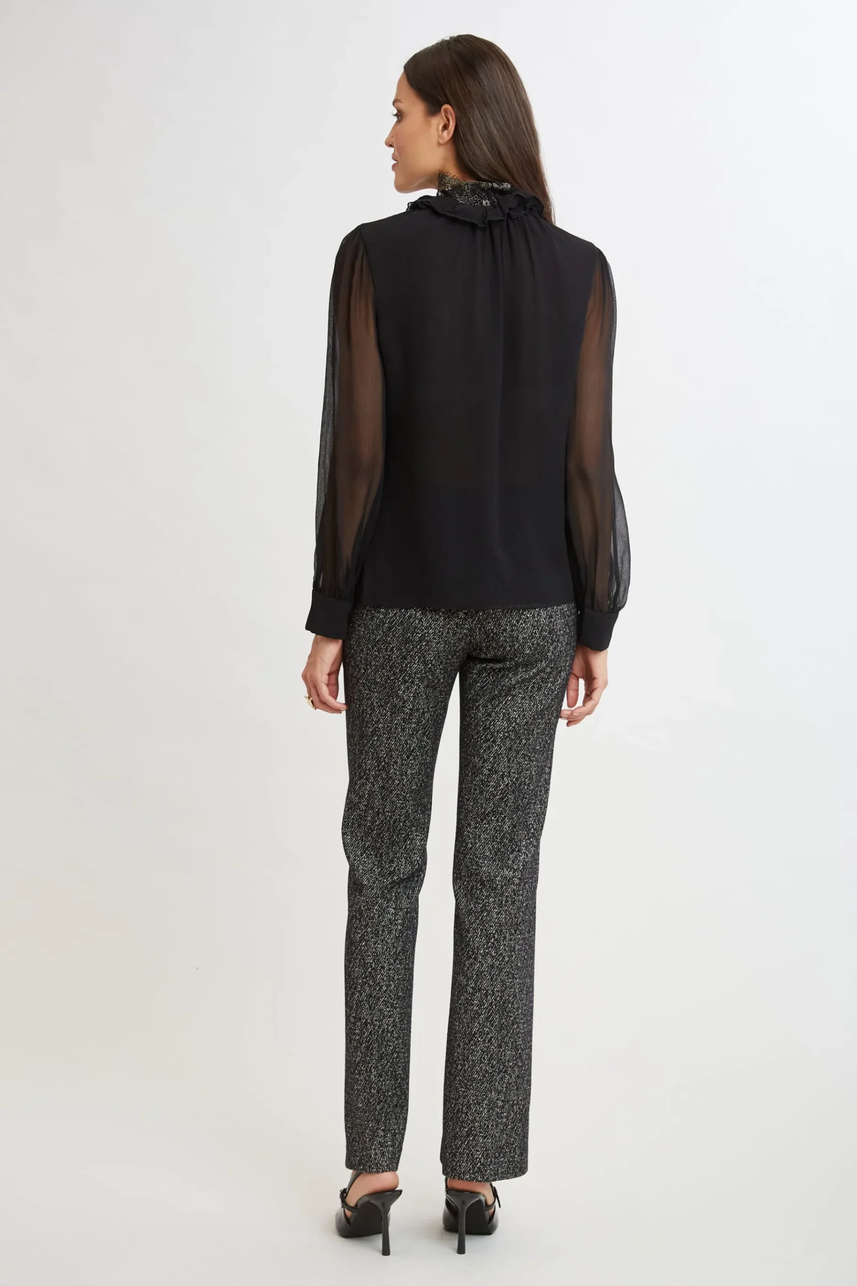 Elie Tahari Metallic Lace Trim Silk Shirt- Tops & Sweaters|Suiting
