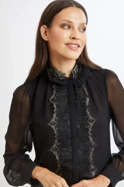 Elie Tahari Metallic Lace Trim Silk Shirt- Tops & Sweaters|Suiting