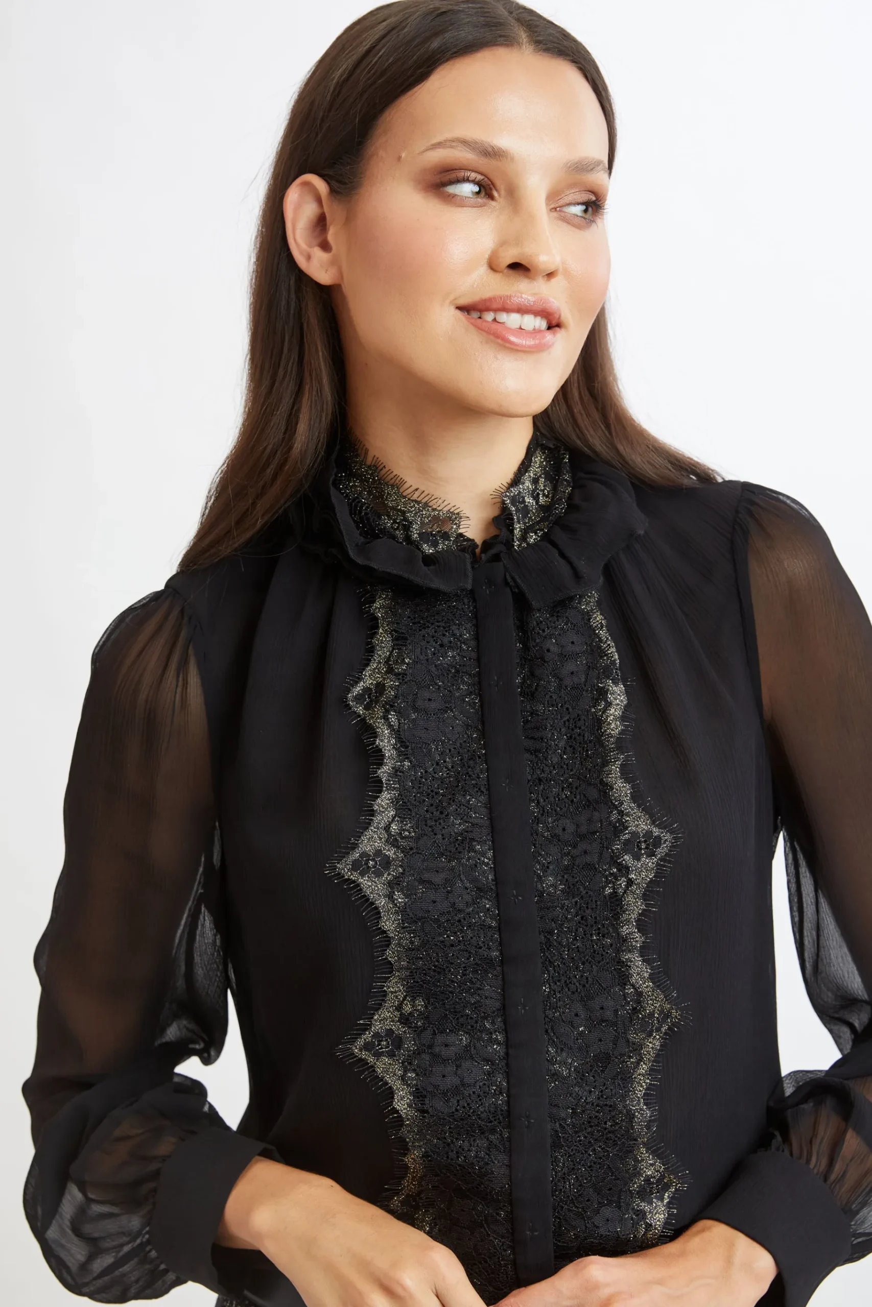 Elie Tahari Metallic Lace Trim Silk Shirt- Tops & Sweaters|Suiting