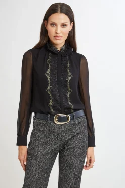 Elie Tahari Metallic Lace Trim Silk Shirt- Tops & Sweaters|Suiting