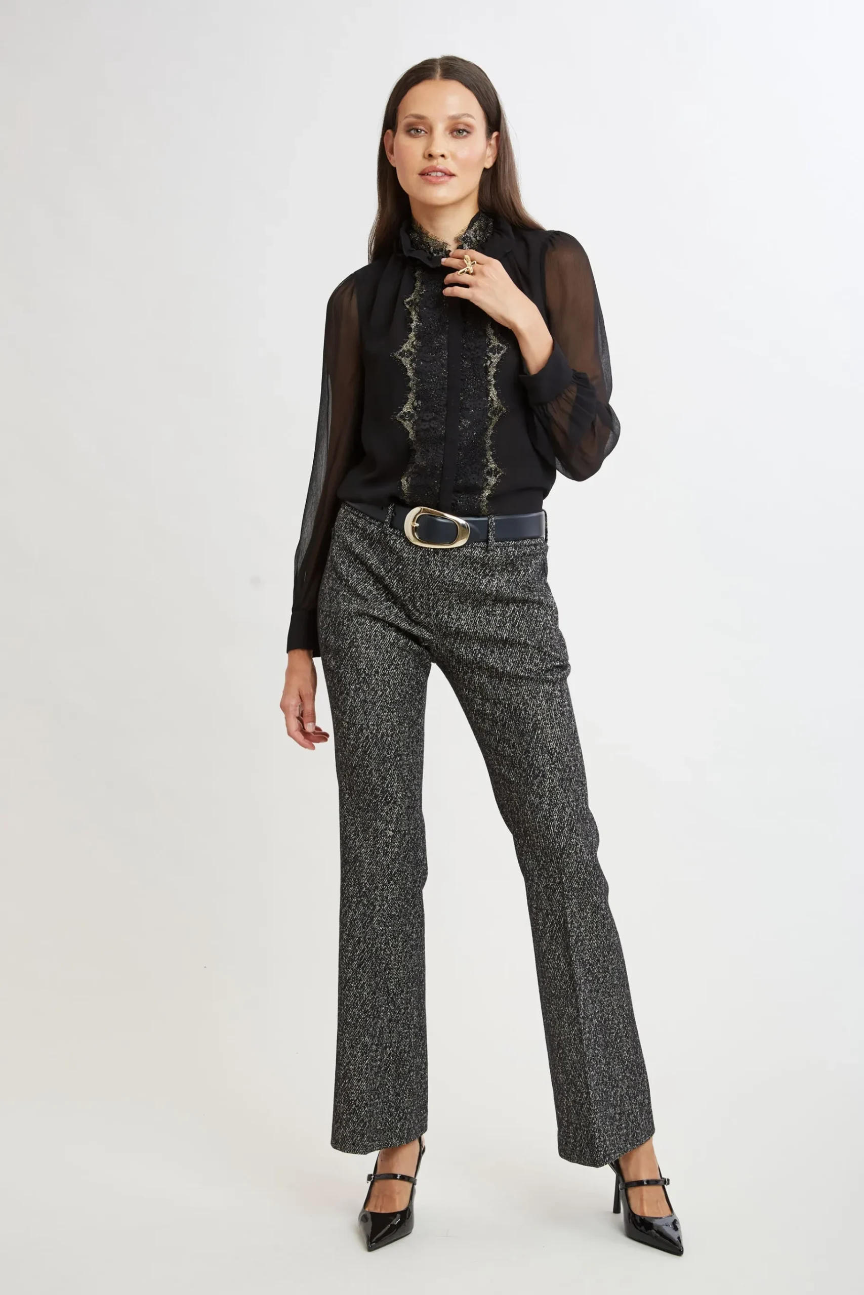 Elie Tahari Metallic Lace Trim Silk Shirt- Tops & Sweaters|Suiting