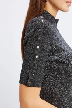 Elie Tahari Metallic Mock Neck Short Sleeve Sweater- Tops & Sweaters