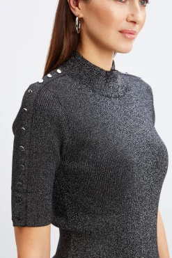 Elie Tahari Metallic Mock Neck Short Sleeve Sweater- Tops & Sweaters