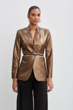 Elie Tahari Metallic Vegan Leather Belted Blazer- Jackets & Blazers